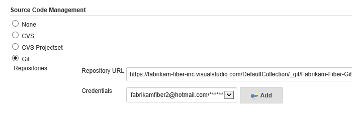 Source code management settings with Git selected