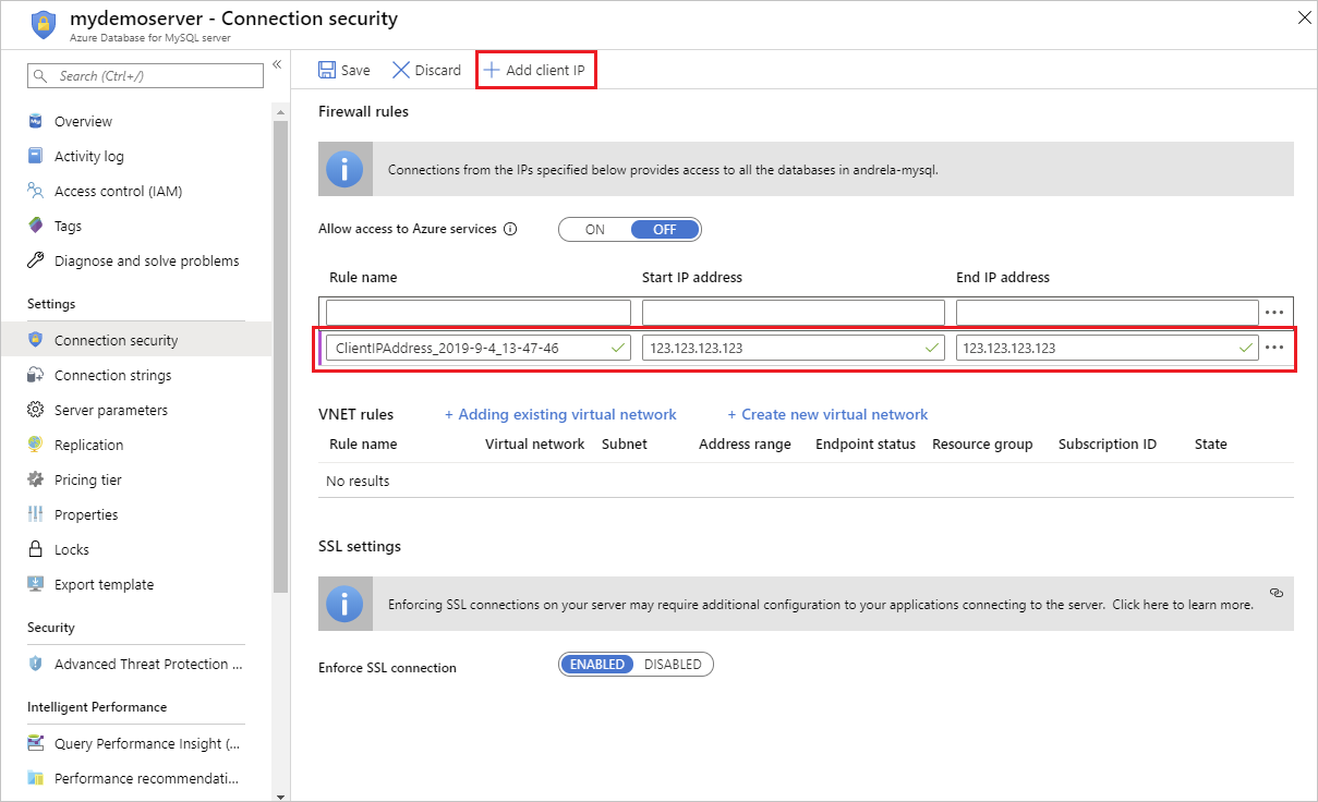 Portail Azure - cliquez sur Ajouter mon adresse IP