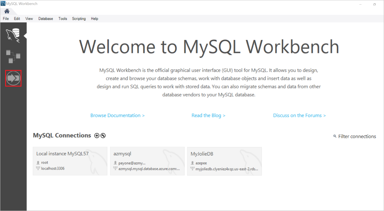 Écran d’accueil de MySQL Workbench