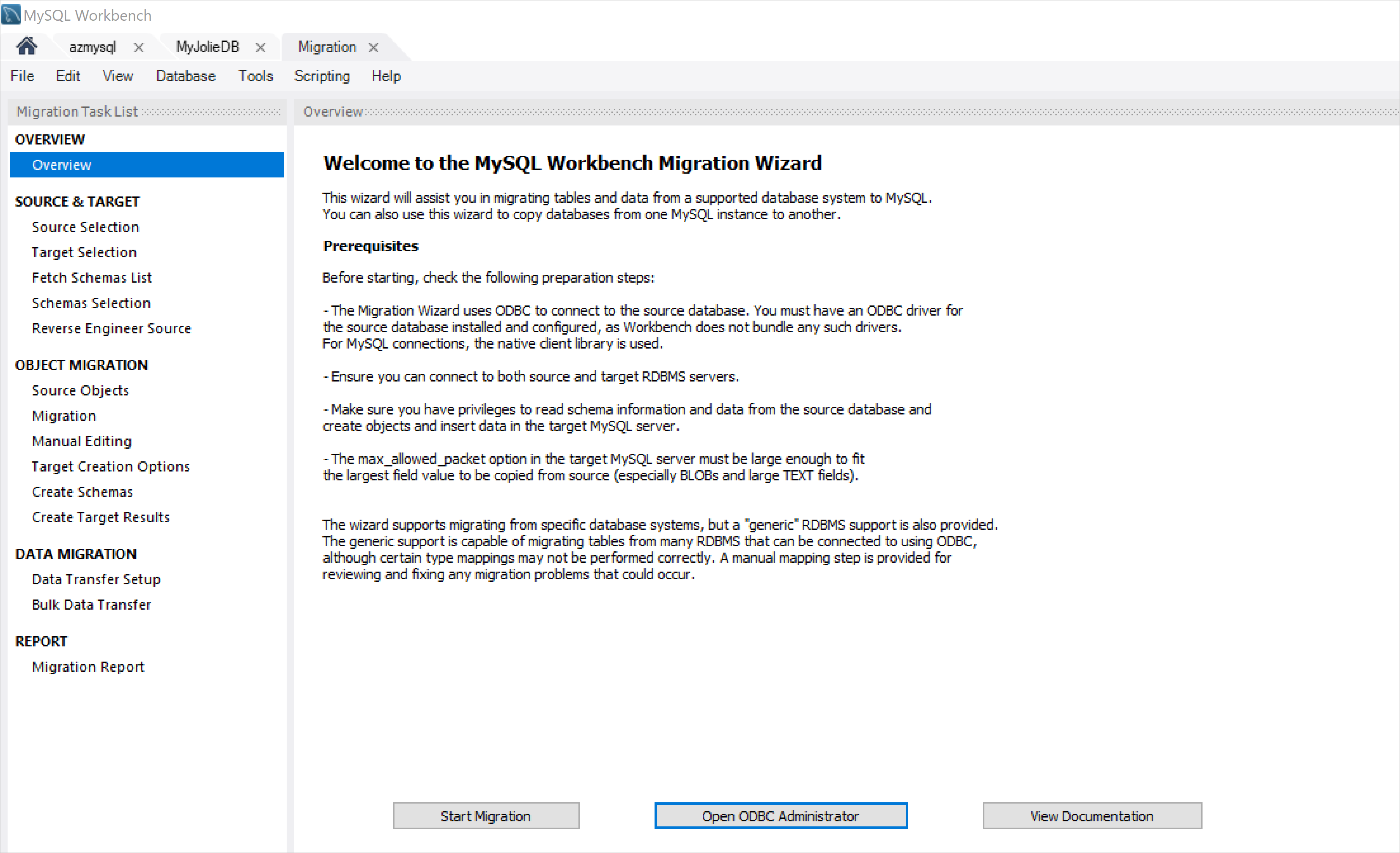 Page d’accueil de l’Assistant migration de MySQL Workbench