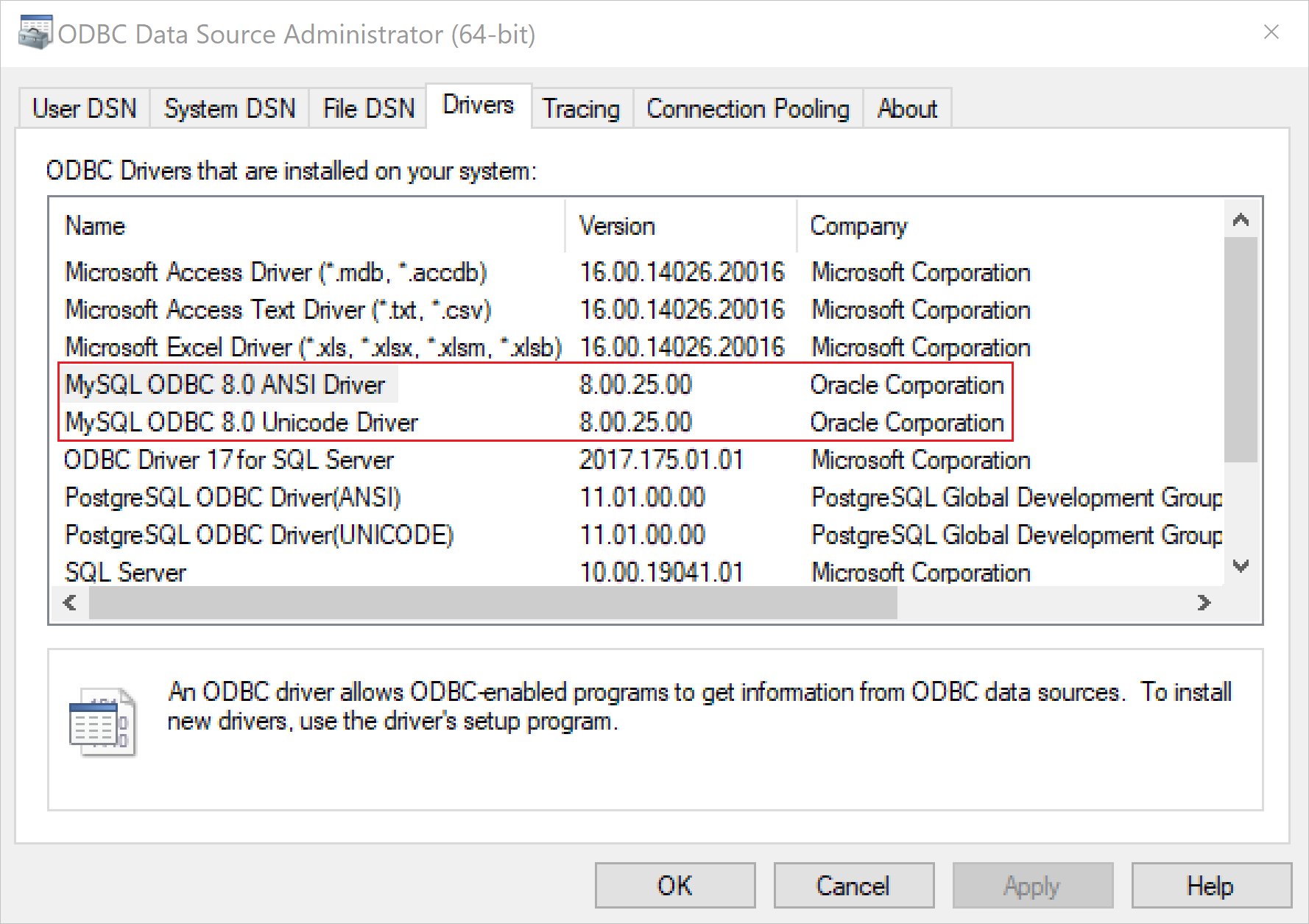 Page Administrateur de sources de données ODBC