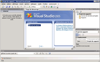 Page de démarrage du Concepteur de rapports