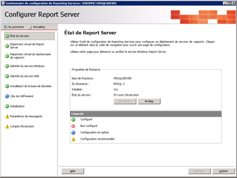 Page de démarrage de la configuration de Reporting Services