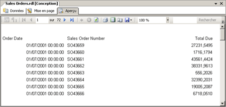 Rapport dans la fenêtre Aperçu