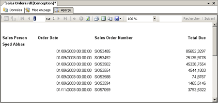 Onglet Aperçu du rapport