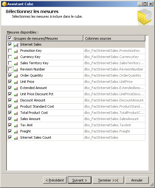 Assistant Cube&nbsp;: Sélectionner les mesures