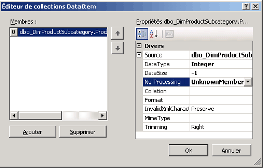 Boîte de dialogue Éditeur de collection DataItem
