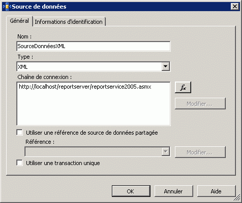 Capture d'écran d'un type de source de données XML