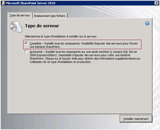 Boîte de dialogue Type de serveur du programme d'installation de SharePoint
