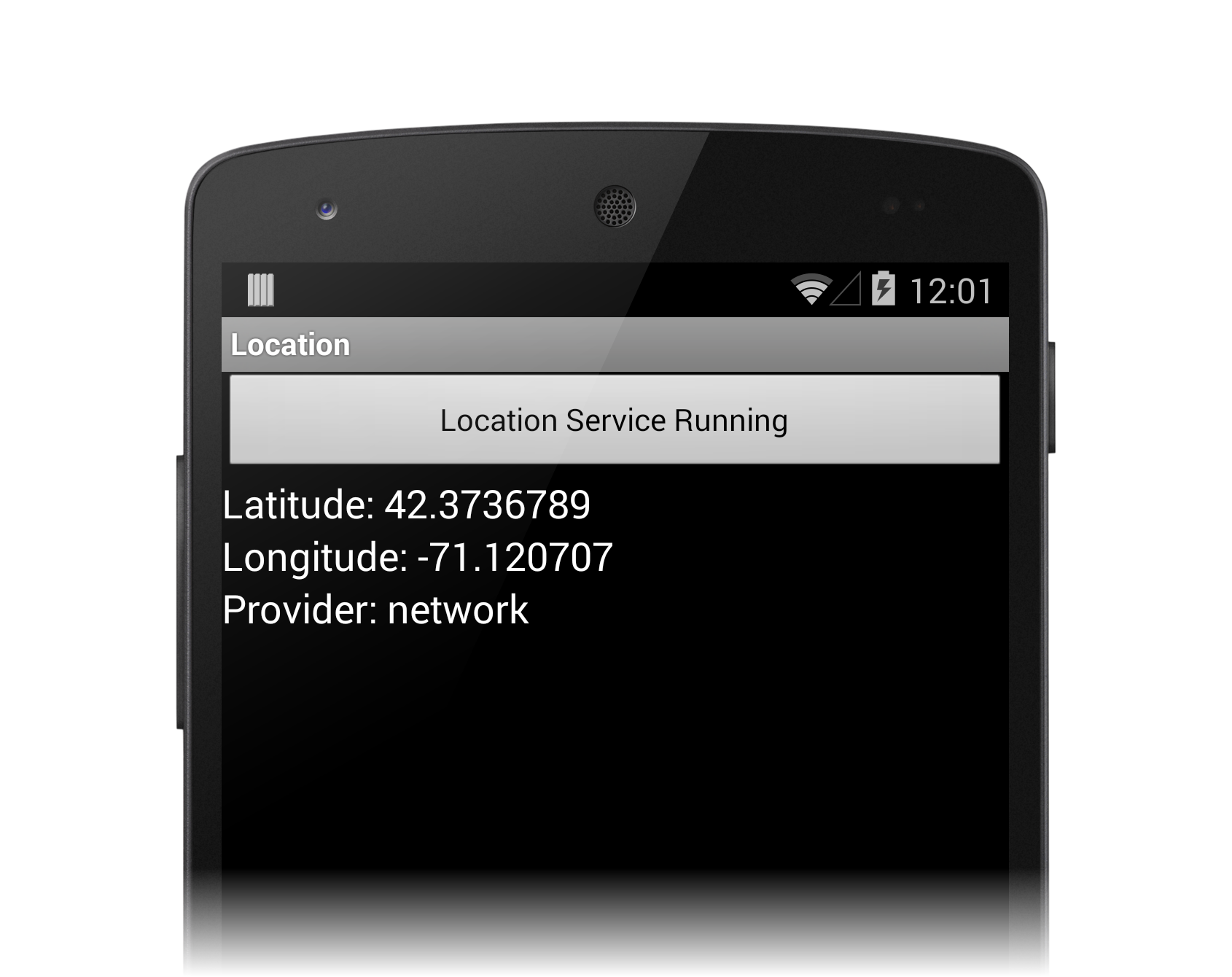 Application GetBestProvider affichant la latitude, la longitude et le fournisseur