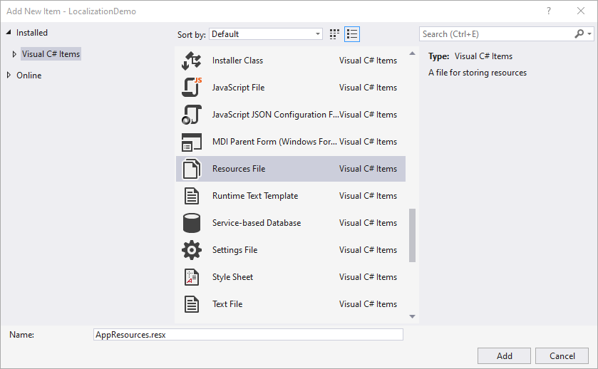 Ajouter une nouvelle ressource dans Visual Studio 2019