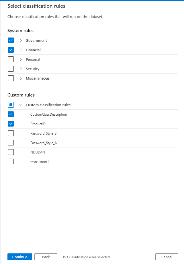 Capture d’écran montrant l’option permettant de sélectionner des règles de classification pertinentes lorsque vous créez l’ensemble de règles d’analyse personnalisée.