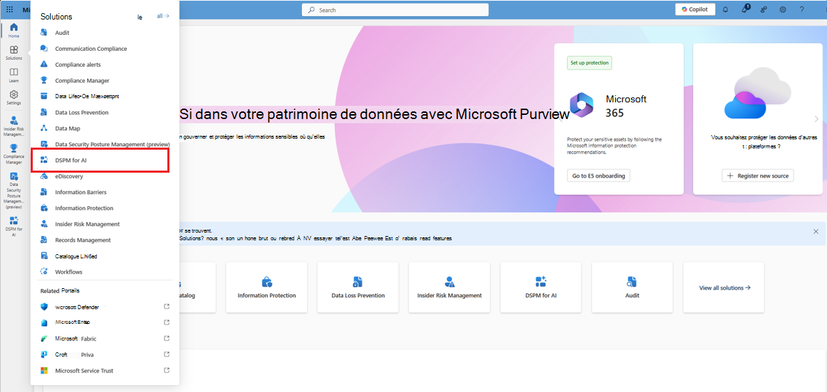 Sélection de la solution Gestion de la posture de sécurité des données Microsoft Purview pour l’IA dans le portail Microsoft Purview.