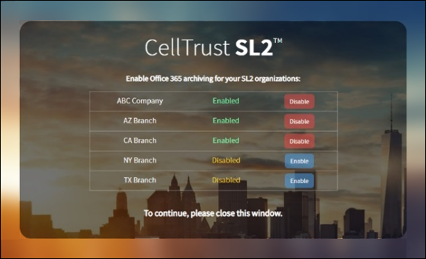 Capture d’écran de la page de configuration du connecteur CellTrust SL2 montrant les unités d’organisation (UO) activées pour l’archivage dans Microsoft 365.