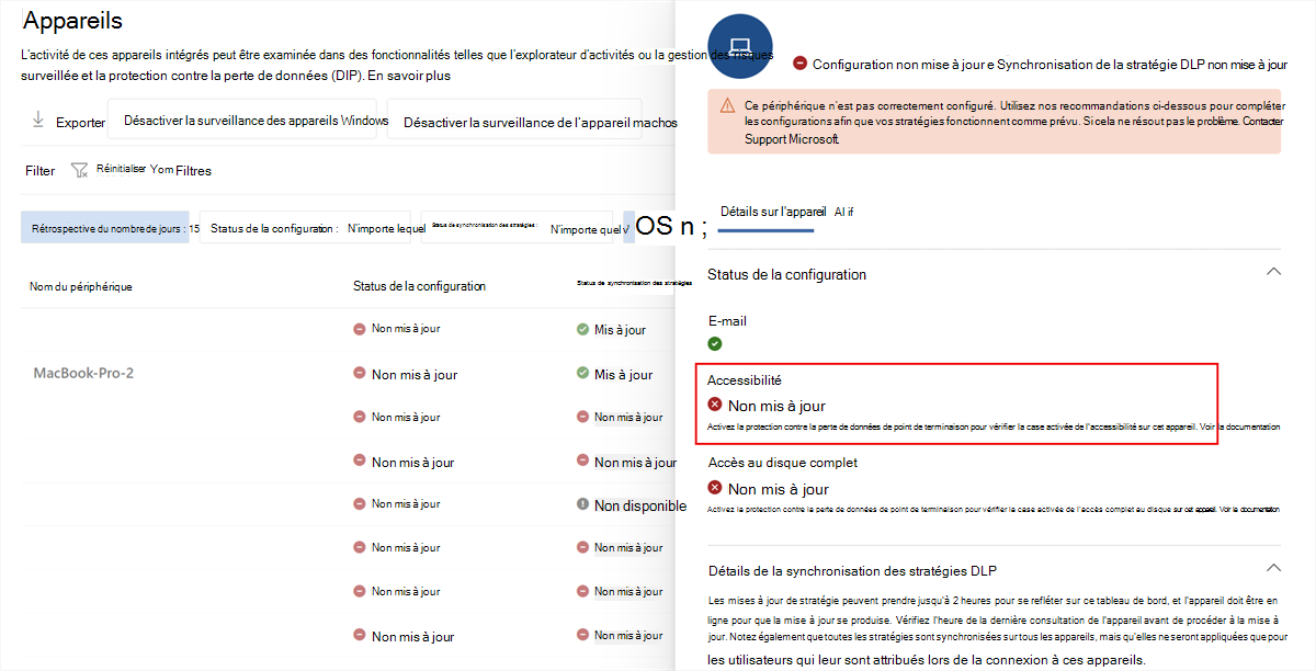 Capture d’écran des détails de l’appareil Microsoft Purview montrant l’accessibilité avec un status non mis à jour.