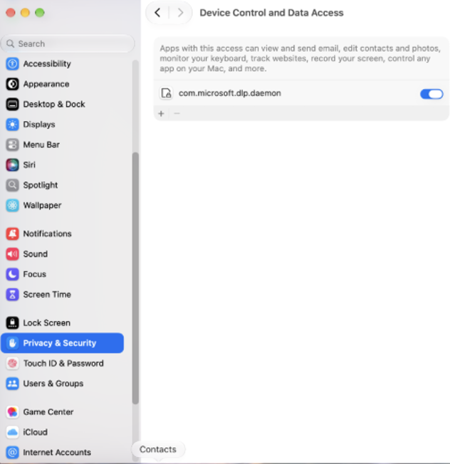 Capture d’écran des paramètres de contrôle de périphérique et d’accès aux données macOS avec l’autorisation activée pour com.microsoft.dlp.daemon.