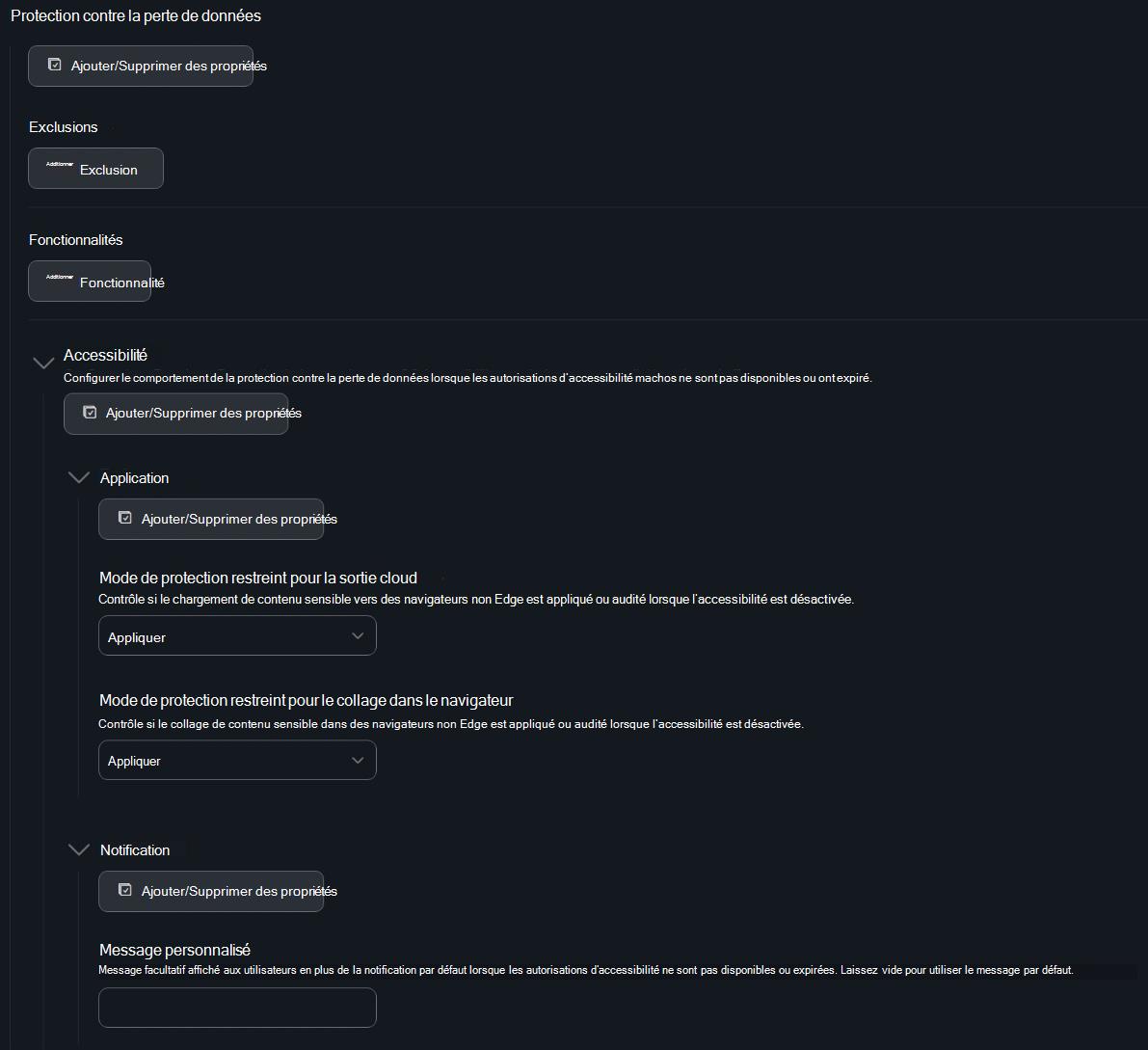 Capture d’écran de la configuration de la protection contre la perte de données Jamf Pro avec les paramètres de notification et de mise en œuvre de l’accessibilité.