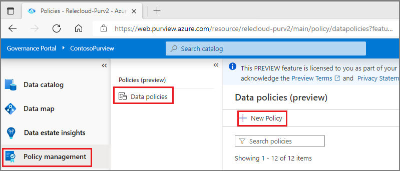 Le propriétaire des données peut accéder à la fonctionnalité de stratégie dans Microsoft Purview lorsqu’il souhaite créer des stratégies.