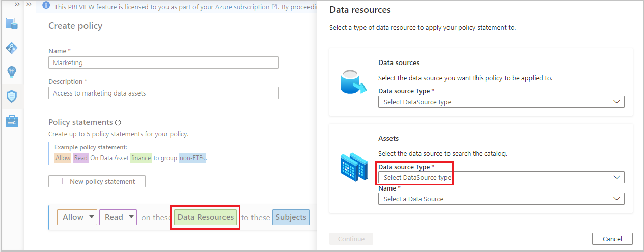 Capture d’écran montrant l’éditeur de stratégie, avec Ressources de données sélectionnées et Type de source de données mis en évidence dans le menu des ressources de données.