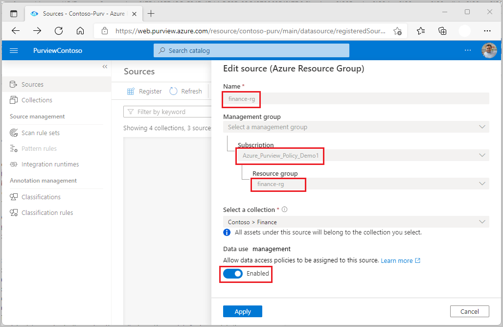 d’écran : Capture d’écran montrant comment inscrire une source de données pour la stratégie avec l’option Gestion de l’utilisation des données définie pour activer.