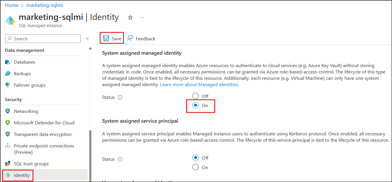 Capture d’écran montrant comment attribuer une identité managée système à Azure SQL MI.