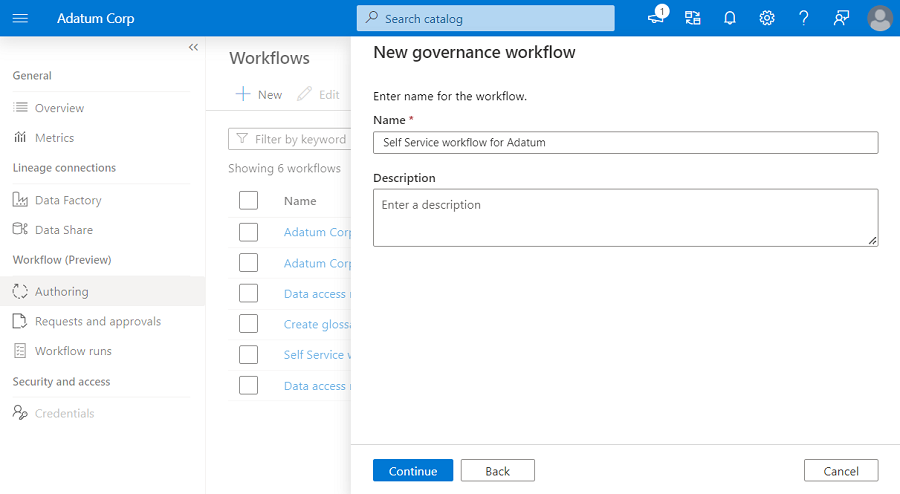 Capture d’écran montrant les zones de nom et de description d’un nouveau workflow.