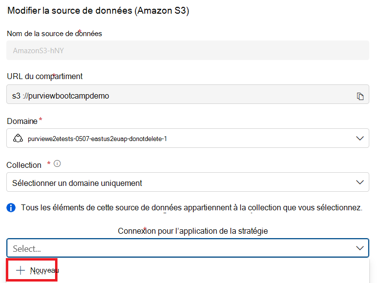 Screenshot of the Amazon edit data source page with the connection for policy enforcement selected, and the + New button highlighted.