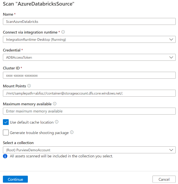 Capture d’écran de la configuration de l’analyse Azure Databricks.