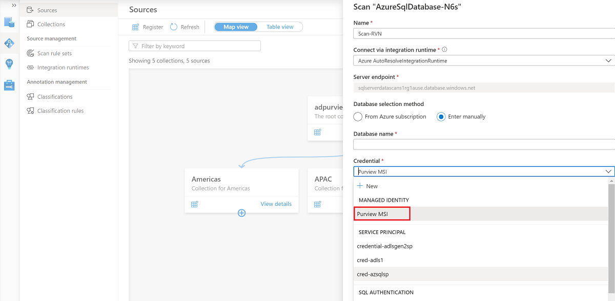 Capture d’écran montrant les informations d’identification et de collecte pour l’option d’identité managée permettant d’exécuter une analyse.