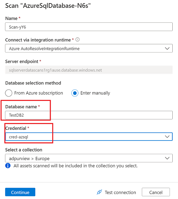 Capture d’écran montrant des informations d’identification et de base de données pour l’option d’authentification SQL pour exécuter une analyse.