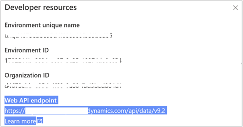 Screenshot that shows how to find Web API endpoint in developer resources.