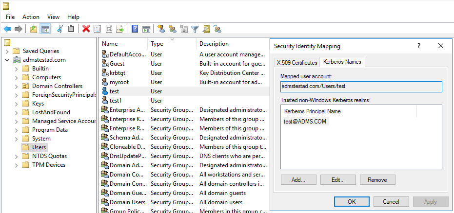 Capture d’écran du volet Mappage des identités de sécurité.