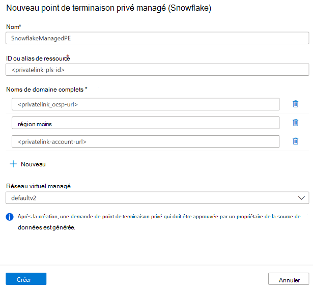 Capture d’écran de la page de création de point de terminaison privé managé pour Snowflake dans Microsoft Purview.