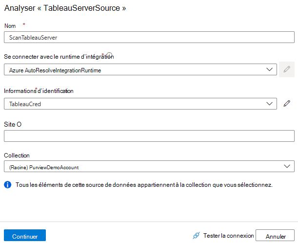 Screenshot of setting up a Tableau server scan.