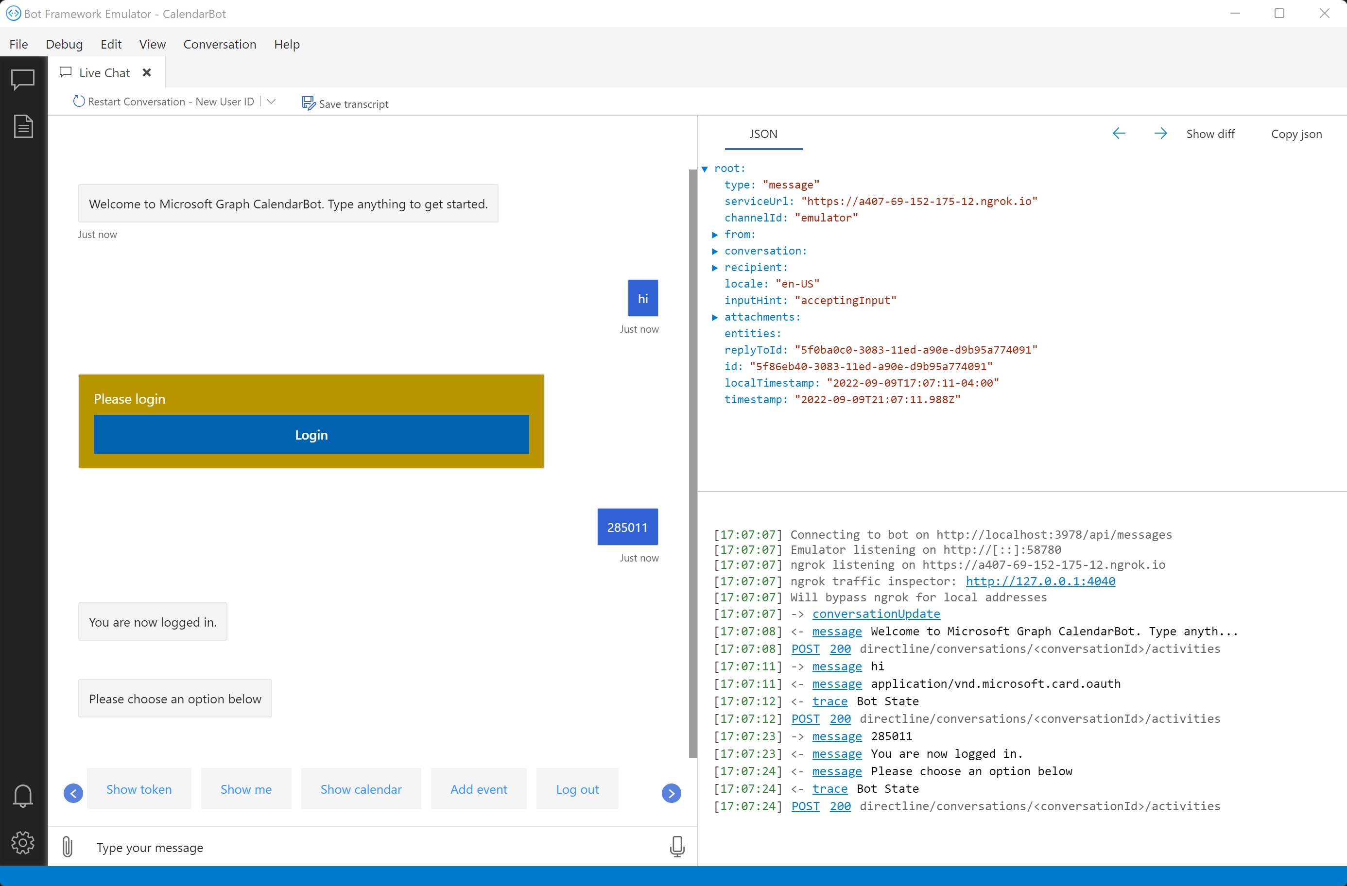 A screenshot of the bot in Bot Framework Emulator