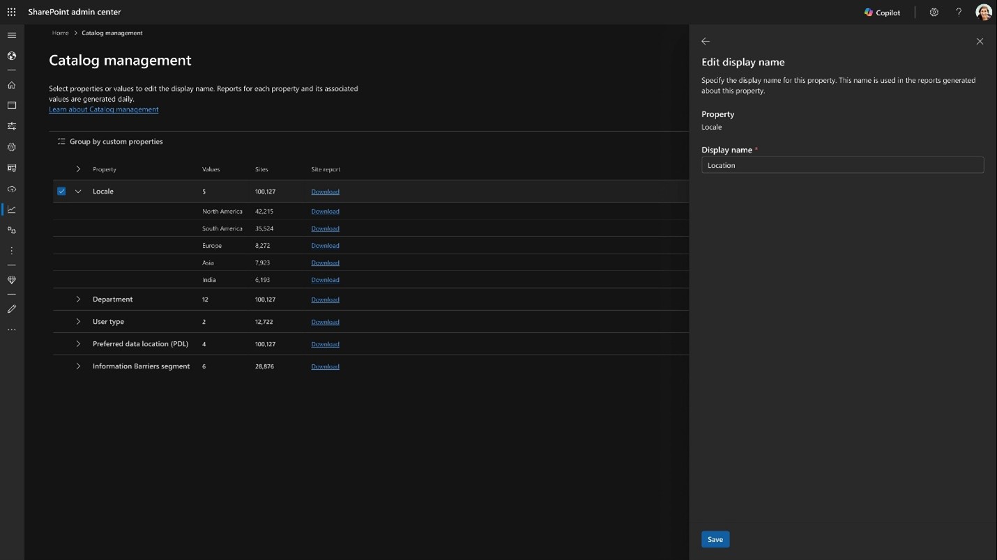 Capture d’écran montrant l’option permettant de modifier les noms de propriétés dans Gestion du catalogue.