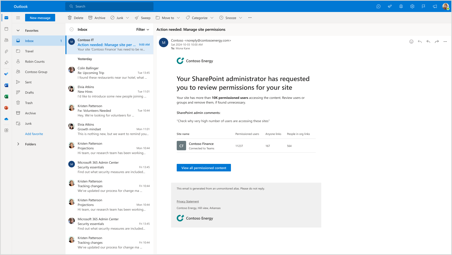 d’autorisations : capture d’écran montrant les liens de partage dans la notification par e-mail du rapport des 28 derniers jours.