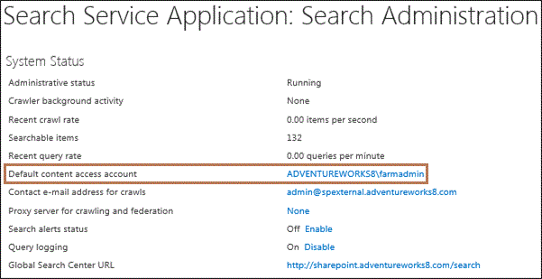 Capture d'écran du compte d'accès au contenu par défaut dans la section État du système de la page Administration de la recherche