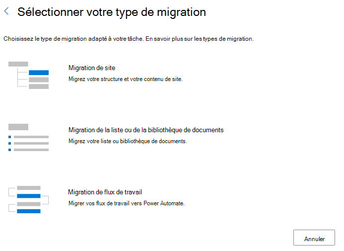 Sélectionnez Migration de flux de travail.