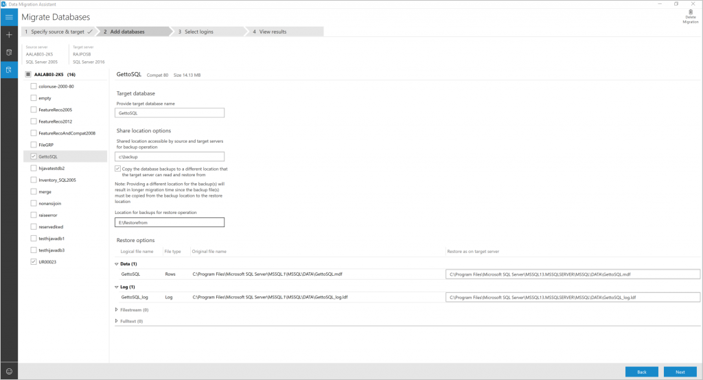 Capture d’écran de l’option permettant de copier des sauvegardes de base de données vers un autre emplacement.