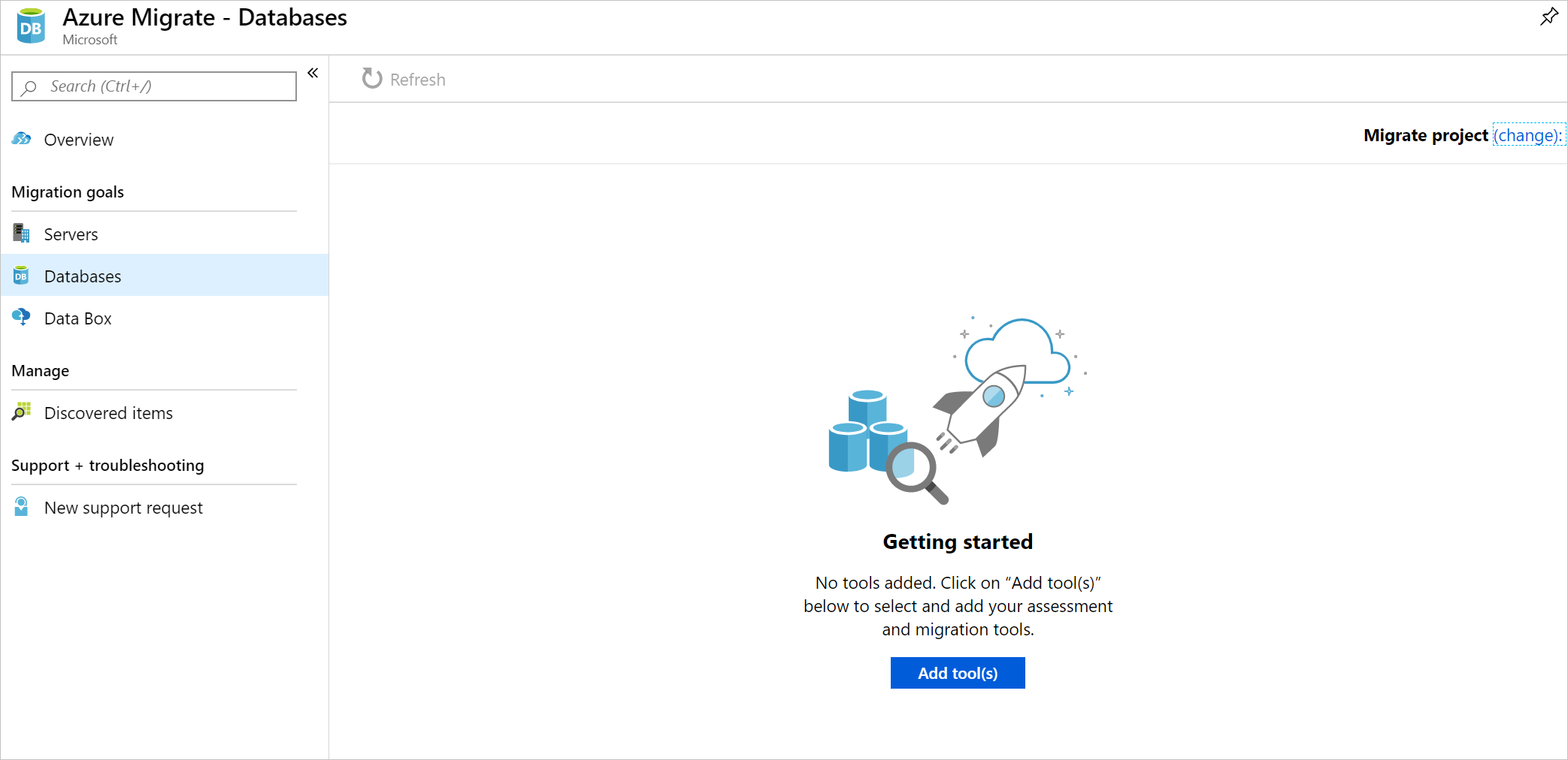 Capture d’écran d’Azure Migrate - ajouter des outils.