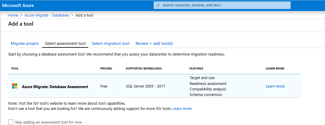 Capture d’écran d’Azure Migrate - Onglet Sélectionner l’outil d’évaluation.