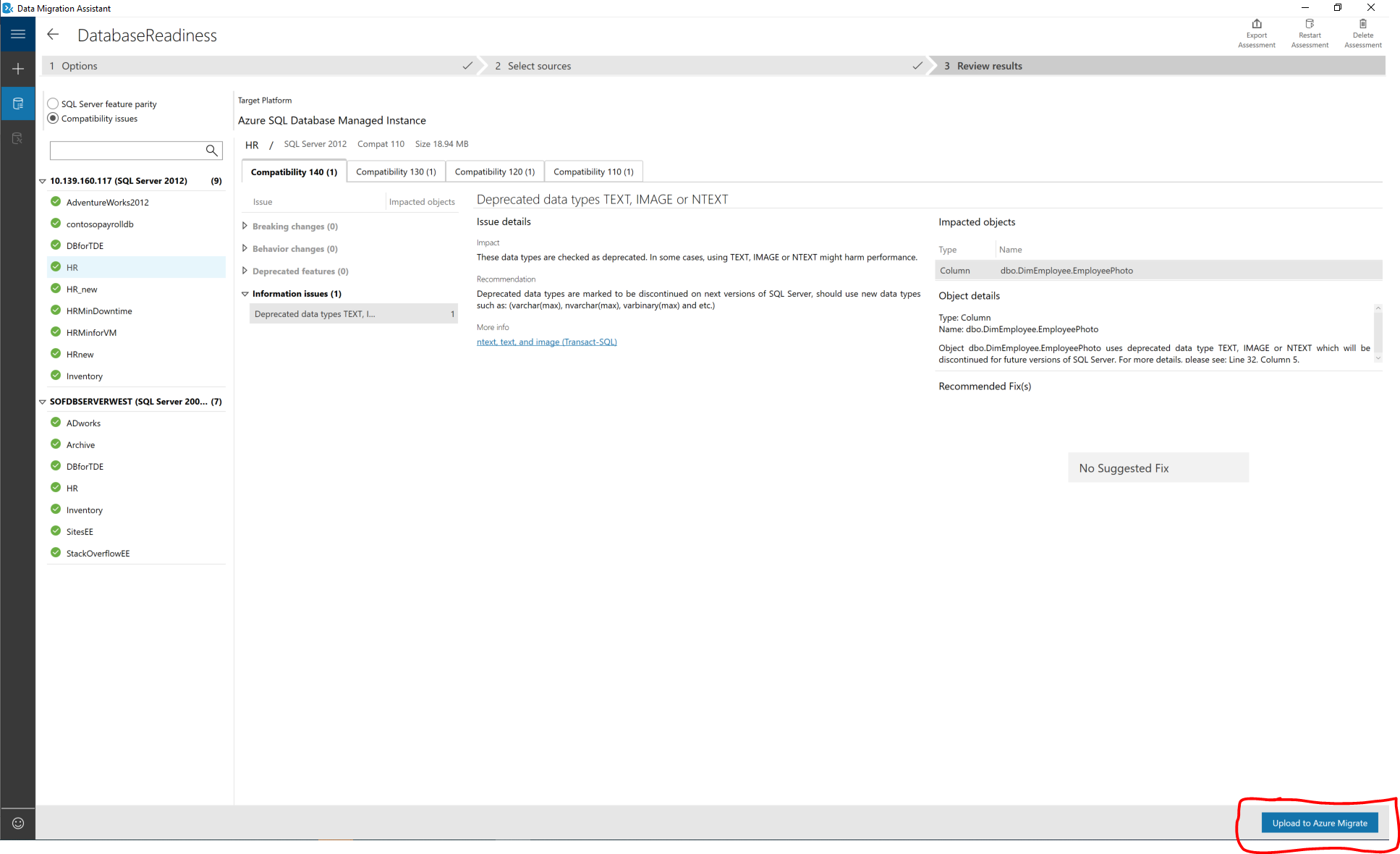 Capture d’écran montrant l’Assistant Migration de données avec l’option Charger dans Azure Migrate mise en évidence.