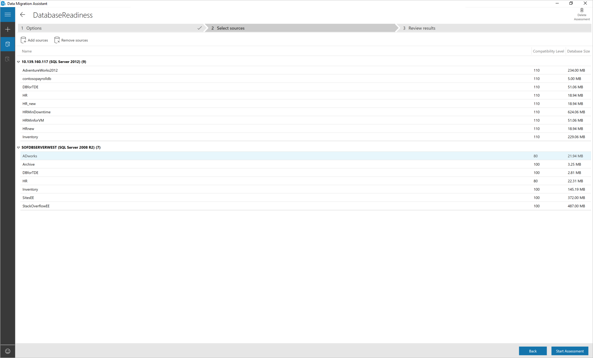 Capture d’écran d’Azure Migrate - Assistant Migration de données - Écran Sélectionner des sources.