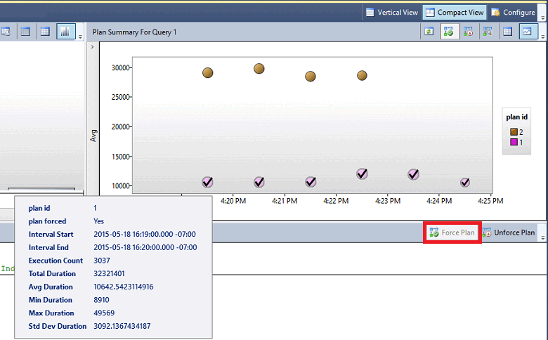 Capture d’écran de SSMS du bouton Magasin des requêtes forçant le plan.