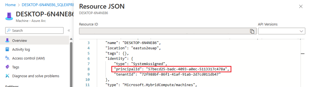 Capture d’écran du contrôle de portail de la vue JSON de la définition de machine.
