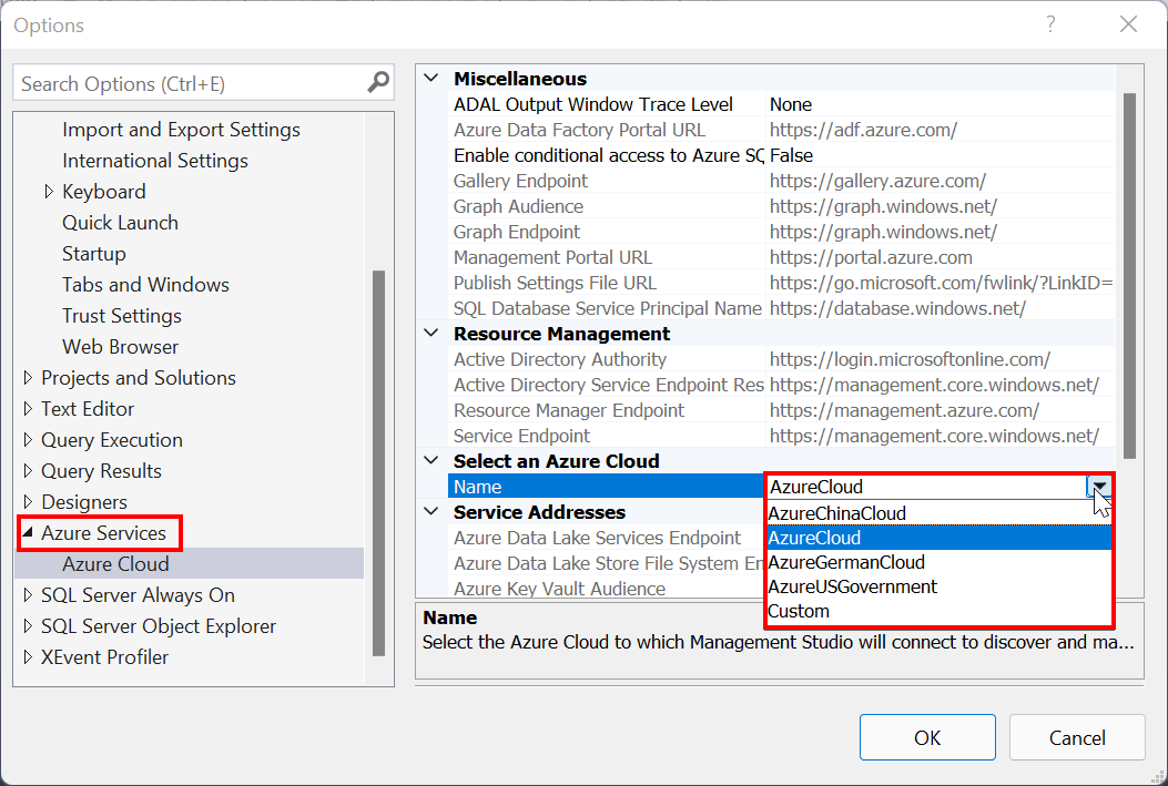 Capture d’écran de la sélection du type de cloud Azure dans SSMS.