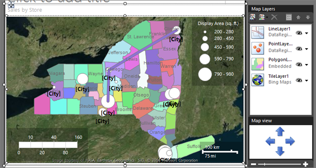 Capture d’écran montrant la couche de tuiles aériennes de Bing Cartes ajoutée à la carte du concepteur de rapport.