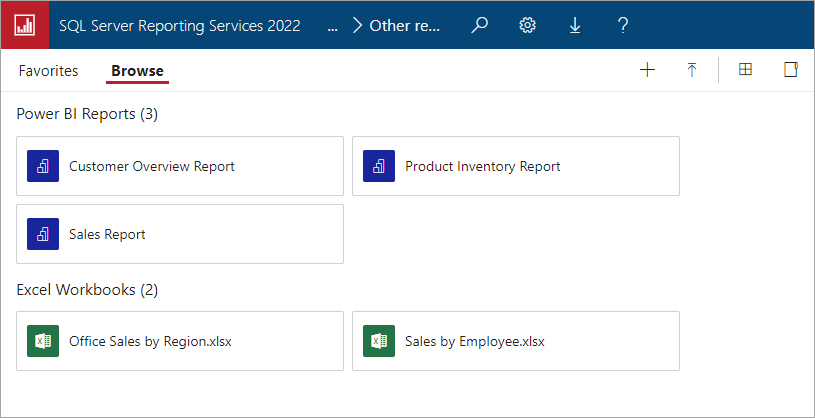 Capture d’écran montrant la section des rapports Power BI Desktop et la section des classeurs Excel.