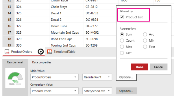 Capture d’écran des options développées de Valeur principale, avec l’option Filtrer par liste de produits sélectionnée.